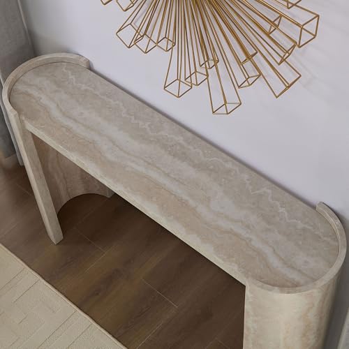 WILLIAMSPACE 53.13" Curved Console Table with Faux Mars Marble Pattern, Modern Wooden Hallway Table Narrow Entryway Table Accent Sofa Table for Living Room, Foyer, Corridor, Beige WILLIAMSPACE