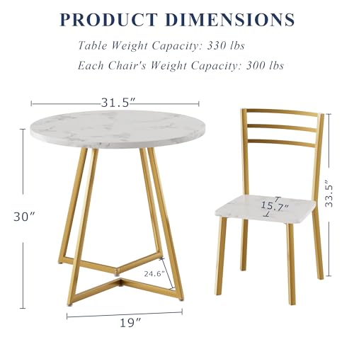 VECELO Small Round Dining Table Set for 2, Wood Tabletop with Strong Metal Frame, Modern Dinette with Chairs for Kitchen, Breakfast Nook Living Room, White & Gold VECELO