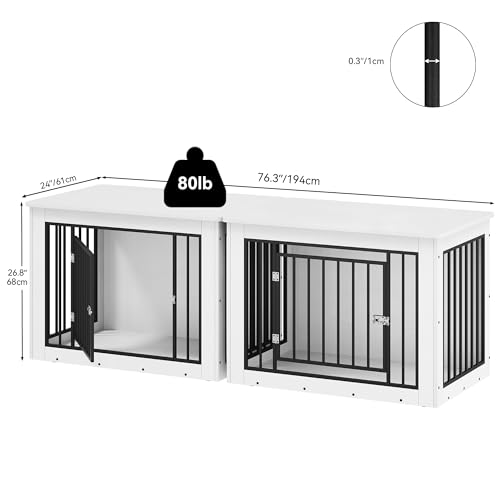 YITAHOME 76 Inch Double Dog Crate Furniture, XXL Dog Crate Furniture for 2 Dogs, Side End Table, Waterproof Top, Safety Corners, 2-in-1 Iron-Wood Fusion Dog Kennel Furniture for 2 Large Dogs,White YITAHOME