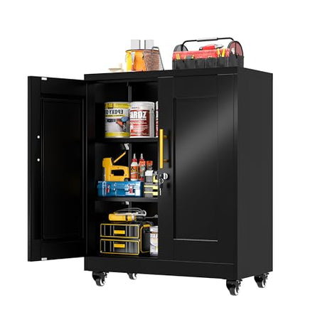 GAIOUS Metal Storage Cabinet with Lock and Wheels, Steel Office Cabinet with 2 Door and 2 Adjustable Shelves, 35” Tall Lockable File Cabinet, Garage Cabinet, Rolling Cabinet for Home Office - Black GAIOUS