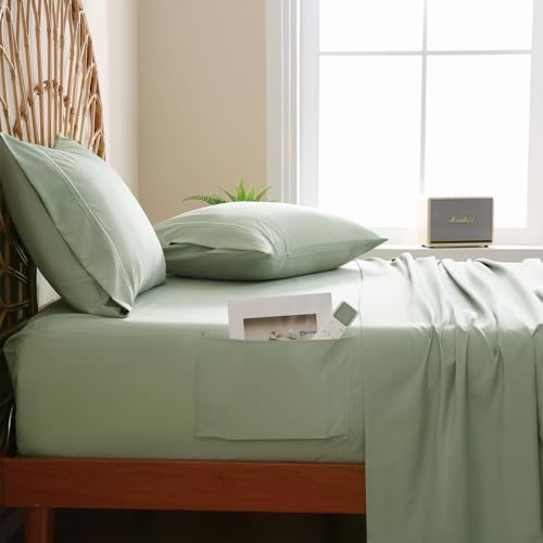 JSD Sage Green Full Sheet Set with Side Pocket Corner Straps, 4 Piece Soft Microfiber Bed Sheets Extra Deep Pocket JSD