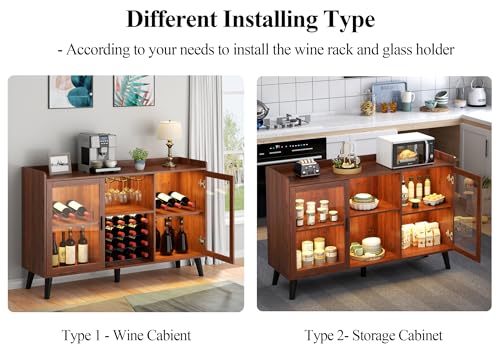 Auromie Wine Bar Cabinet with Led Light, Home Coffee Cabinet with Wine and Glass Rack, Kitchen Buffet Sideboard with Storage Shelves, Freestanding Liquor Cabinet for Living Room, Dining Room (Walnut)