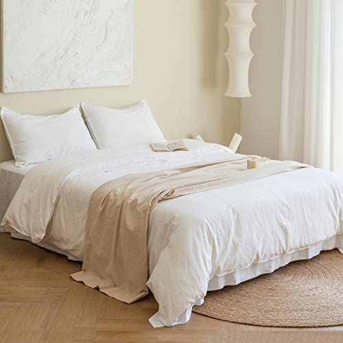 BISELINA French Linen Duvet Cover Set 2pcs with Hidden Zipper Closure Natural Flax Cotton Blend Solid Color Soft Breathable Luxury Farmhouse Bedding - Twin Size, White BISELINA