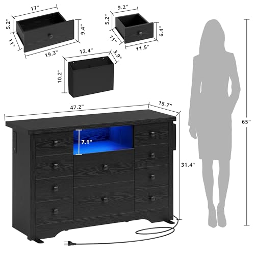 LIKIMIO Dresser with 10 Drawers, Bedroom Wooden Chest of Drawers with LED Lights and Power Outlets, Fabric Side Pocket, TV Stand for Living Room, Black LIKIMIO