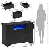 LIKIMIO Dresser with 10 Drawers, Bedroom Wooden Chest of Drawers with LED Lights and Power Outlets, Fabric Side Pocket, TV Stand for Living Room, Black LIKIMIO