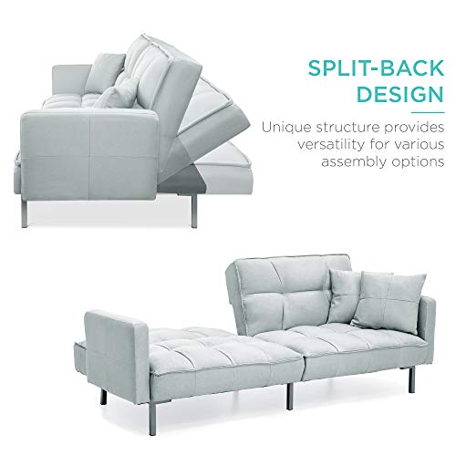Best Choice Products Convertible Linen Fabric Tufted Split-Back Plush Futon Sofa Furniture for Living Room, Apartment, Bonus Room, Overnight Guests w/ 2 Pillows, Wood Frame, Metal Legs - Light Gray Best Choice Products
