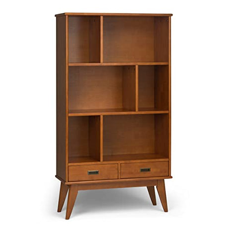 SIMPLIHOME Draper SOLID HARDWOOD 35 Inch Mid Century Modern Wide Bookcase and Storage Unit in Teak Brown, For the Living Room, Study Room and Office SIMPLIHOME