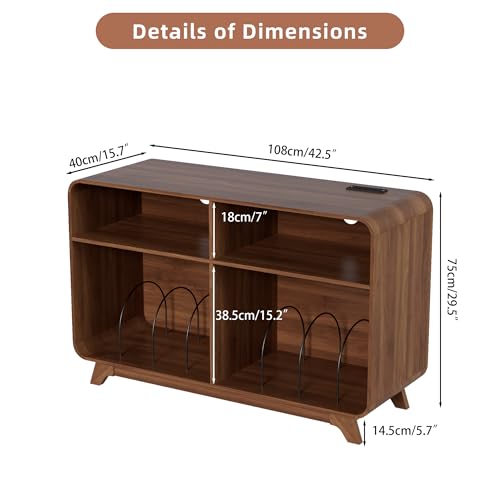 Record Player Stand with Vinyl Storage Cabinet with Charging Station & USB Ports, Turntable Stand Table Holds Up to 350 Albums, Curved Vinyl Record Cabinet for Living Room (Walnut, 42.5-inch) Boweniog