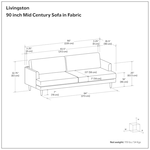 SIMPLIHOME Livingston 90-inch Wide Sofa in Mist Grey Woven-Blend Fabric, Handcrafted Mid-Century Modern Oversized 3-Seater Couch Sofa for Living Room or Family Room, Solid Wood Frame SIMPLIHOME