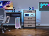 SZLHANJZ Night Stand Set of 2, Nightstands with Charger Station and LED Lights, End Tables Set with 3 Fabric Drawers, Storage Side Tables for Bedside, Living Room, Greige SZLHANJZ