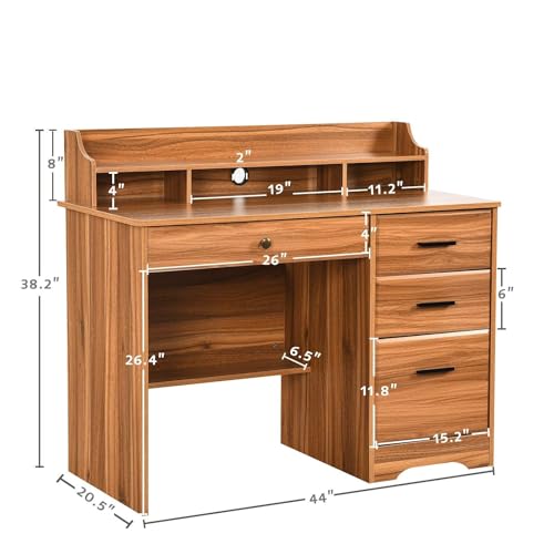 Catrimown Computer Desk with 4 Drawers and Hutch, Home Office Desk with File Drawer, 44” Rustic Oak Wood Desk, Study Table for Bedroom, Rustic Oak Catrimown