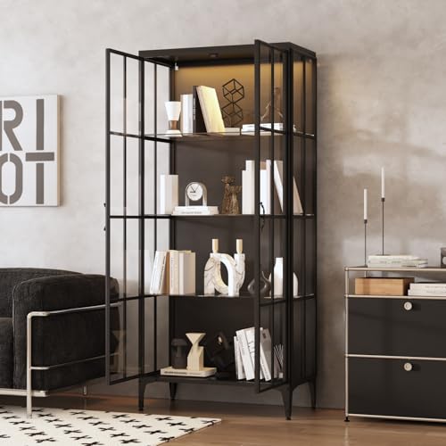 JOIKUJIA Display Cabinet with Glass Doors & LED Lights, Storage Cabinet with 4 Tier Glass Shelves & Metal Frame, Black, 31.5”W x 15.7”D x 70.9”H JOIKUJIA