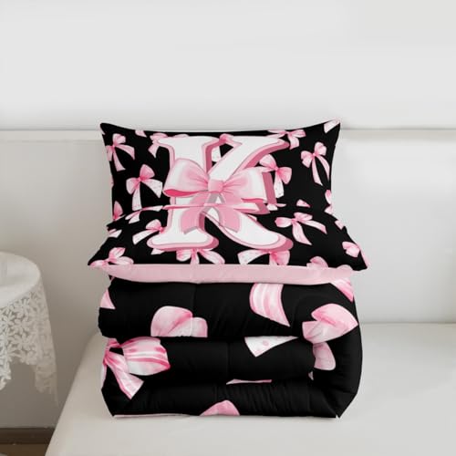 Feelyou Kids Girls Cute Pink Bow Comforter Set Twin Size Initial Letter K Bedding Set Coquette Bow Knot Duvet Quilt Bedroom Monogrammed Decor Personalized Teen Girl Women Gifts Ultra Soft Breathable Feelyou