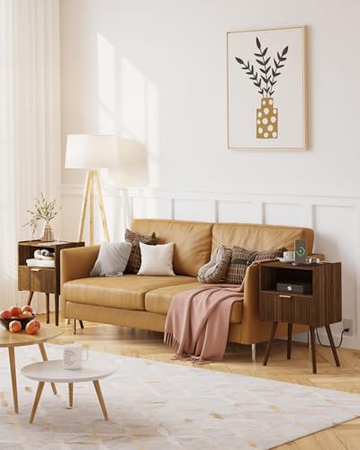 JOONEE Nightstand with Outlet,Modern Bedside Table with Storage Drawer and Open Wood Shelf, for Living Room, Bedroom and Small Spaces, Accent Night Stand with Solid Wood Legs, Easy Assembly,Brown JOONEE