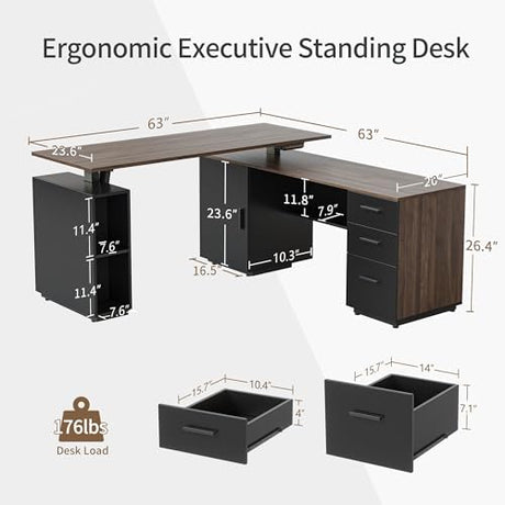 FEZIBO 63" L Shaped Standing Desk with Storage, Executive Height Adjustable Table, Deep Wood Grainy FEZIBO