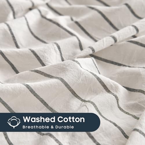 Wake In Cloud - Striped Cotton Duvet Cover Set, Ticking Stripe Vertical Pinstripe Farmhouse, 100% Washed Cotton Textured Percale Bedding Set, 3 Pieces, White, King Size Wake In Cloud