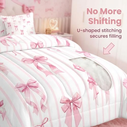 Erosebridal Pink Ribbon Bowknot Bed in A Bag with Sheets for Girls Kids Teens Women Princess Satin Bow Twin Comforter Set 7 Piece Kawaii Coquette Bedding Set Pink Stripes Bed Set Erosebridal