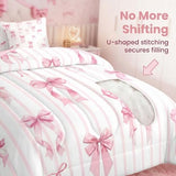 Erosebridal Pink Ribbon Bowknot Bed in A Bag with Sheets for Girls Kids Teens Women Princess Satin Bow Twin Comforter Set 7 Piece Kawaii Coquette Bedding Set Pink Stripes Bed Set Erosebridal