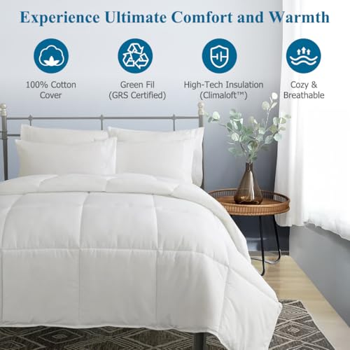Dafinner 100% Cotton Cover Comforter Twin Size, Lightweight Down Alternative Duvet Insert with Lyocell & Climaloft™ Blend Fill, Breathable Microfiber Comforter for Hot Sleeper (68x90”, White) Dafinner