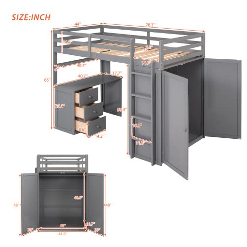 Harper & Bright Designs Twin Size Loft Bed with Desk and Storage Drawers, Wooden Kids Loft Bed Frame with Wardrobe, Grey Harper & Bright Designs