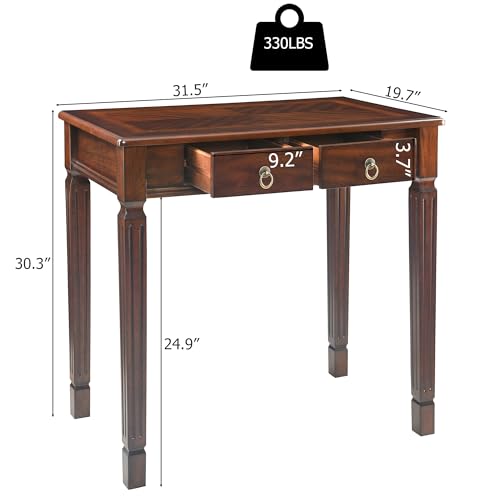 LEEMTORIG Traditional Solid Wood Writing Desk, Small Secretary Desk with 2 Drawers, Mahogany Desk Cherry Wood Writing Table for Home Office, 31.5" W French Provincial Desk, Cherry Walnut SSZ-D1258 LEEMTORIG