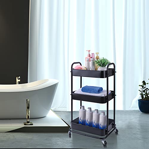 YOHKOH 3-Tier Metal Rolling Utility Cart, Storage Trolley Cart with Mesh Baskets and Lockable Wheels for Bathroom Kitchen Office (Dark Black) YOHKOH