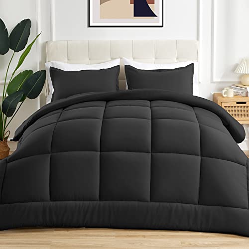 Sonive Full/Queen Comforter,Quilted Duvet All Season Down Alternative Bedding Duvet Insert Soft Fluffy Breathable Microfiber 200gsm with 8 Corner Tabs Easy Care Black Sonive