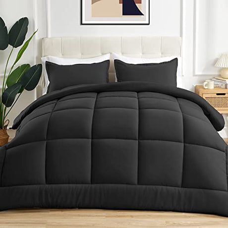 Sonive Full/Queen Comforter,Quilted Duvet All Season Down Alternative Bedding Duvet Insert Soft Fluffy Breathable Microfiber 200gsm with 8 Corner Tabs Easy Care Black Sonive