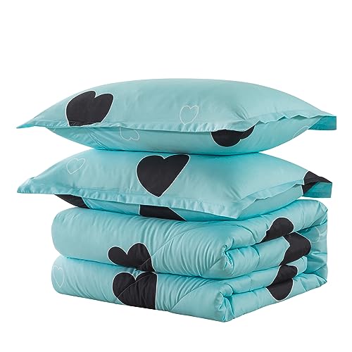 Caressma Comforter Set Twin Size - Light Blue Cute Heart Print Comforter Bedding Set, Soft Microfiber Comforter Set with Pillowsham Caressma