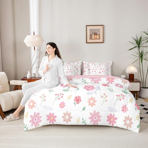 Feelyou Cute Flower 7 Piece Bedding Set Fresh Flower Floral Comforter Set with Sheets for Kids Boys Girls Nature Plants Bed in a Bag Pink Green Bed Set Soft Lightweight Feelyou