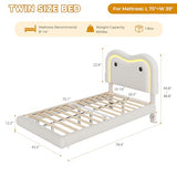 MapleGrace Twin Upholstered Bed Frame with Curved Headboard, Floating Bed Frame with LED Lights and Charging Station, Soft Rounded Corners, No Box Spring Needed, Easy Assembly, White MapleGrace