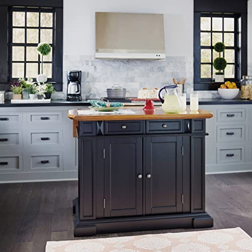 homestyles Americana Kitchen Island with Wood Top and Drop Leaf Breakfast Bar, Storage with Drawers and Adjustable Shelves, 50 Inch Width, Black and Oak