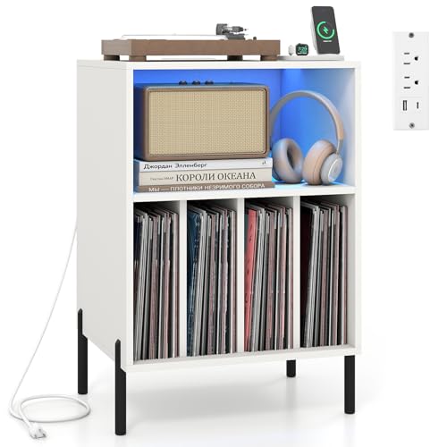 LOKO Record Player Stand with LED Lights, Turntable Stand with Charging Station, Vinyl Storage Holder with Sturdy Metal Legs, Album Display Shelf for Living Room, Bedroom (White) LOKO