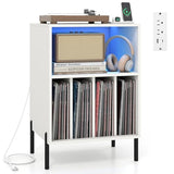 LOKO Record Player Stand with LED Lights, Turntable Stand with Charging Station, Vinyl Storage Holder with Sturdy Metal Legs, Album Display Shelf for Living Room, Bedroom (White) LOKO