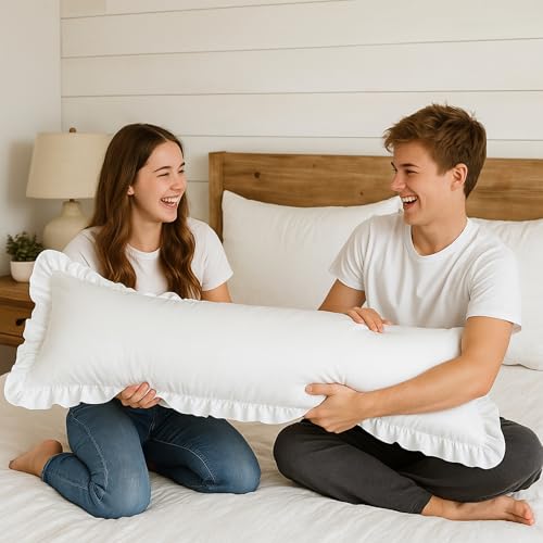 Empire Linen | Ruffled Body Pillowcase | Cotton Satin Weave, Soft & Breathable | Hidden Zipper Closure | Decorative Pillow Sham with Single Layer Ruffles | White Body Pillow Cover (20x48, White) Empire Linens