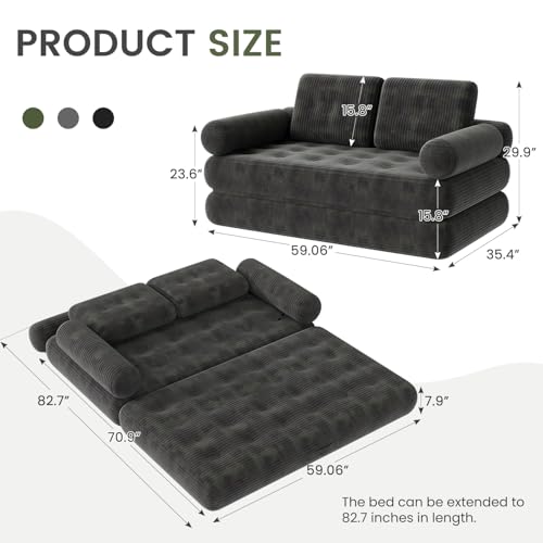 DSNAPE 59" Convertible Sofa Bed, 5-in-1 Folding Loveseat Sleeper Chair with Pillows Removable Armrests, Fold Out Boneless Couch Futon Floor Mattress Lounge for Apartment Dorm Living Room - Grey, Full DSNAPE
