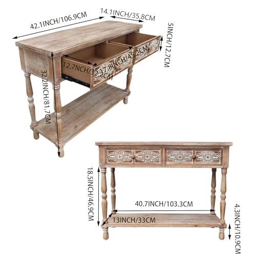 PARISLOFT Vintage Wood End Table with 2 Drawers and 1 Bottom Shelf,Rustic Console Table Storage, Accent Entryway Table Furniture,Antique Brown,42”Wx32”H PARISLOFT