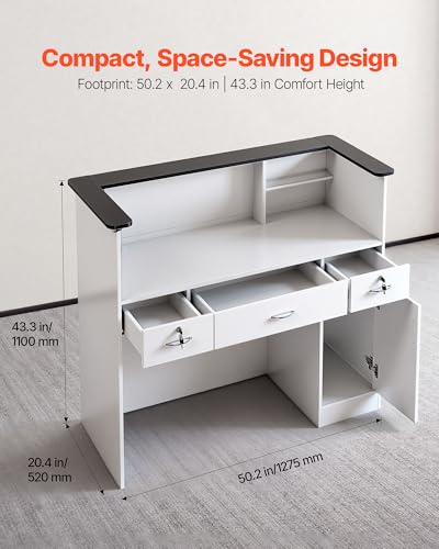 VEVOR Reception Desk, 50 inch Rectangular Front Counter Table, Modern Office Reception Desk with Light Strip, 3 Drawers & Storage Cabinets, Retail Counter Table for Checkout, Lobby, Salon, Office VEVOR
