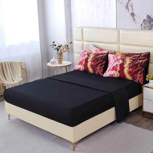 PERFEMET 6-Piece Marble Queen Comforter Red and Gold Bed in A Bag Set Abstract Burning Mountain Marble Bed Comforter Set Soft Luxury Retro Artwork Tie Dye Bed Set(Red, Queen) PERFEMET
