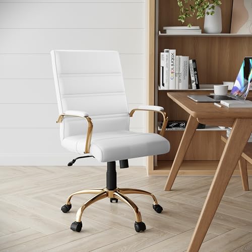 Flash Furniture Whitney Mid-Back Swivel LeatherSoft Desk Chair with Padded Seat and Armrests, Adjustable Height Padded Office Chair, White/Gold Flash Furniture