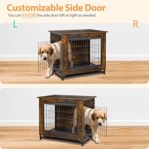 Shintenchi Dog Crate Furniture, Double-Doors Kennel Indoor with Removable Tray, End Table Dog House for Small Breed, 27.2" L, Brown Shintenchi