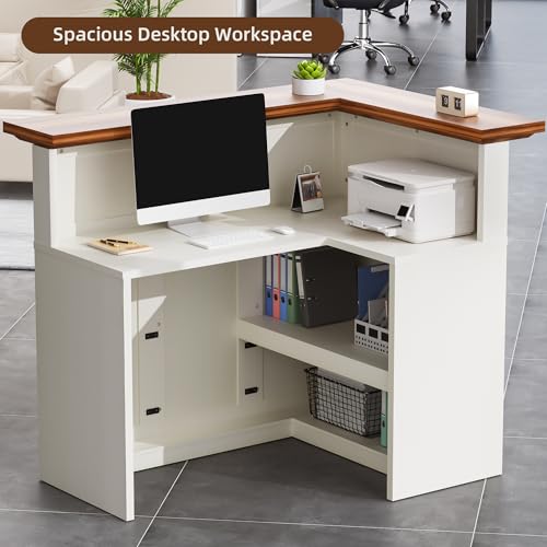 OUTGUAVA Reception Desk with Counter, Modern L Shaped Reception Desk with Storage Shelves, 52” Retail Counter for Checkout, Lobby, Office, Salon, White OUTGUAVA