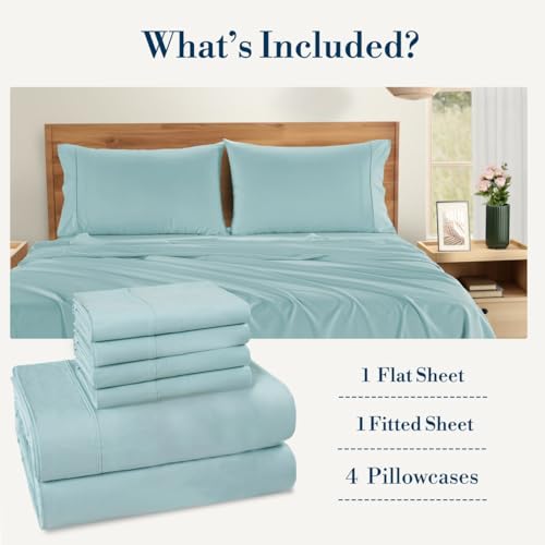 Casa Platino Queen Sheets Sets – 100% Cotton Queen Sheets Cooling with 4 Pillowcases, 15" Deep Pocket Fitted Sheet, Crisp & Smooth Feel, Ultra Soft & Cozy, Fit – Blue Sky Casa Platino