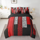 Erosebridal Zebra Cheetah Fur Pattern Black Red Adults Comforter Set Queen Size 7 Pieces | Leopard Print Stripes Bed in A Bag Zebra Cheetah Wild Animal Skin Bed Set Women Men Teens Bedding Erosebridal