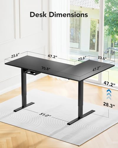 HUANUO L-Shaped Standing Desk, 71 x 48 inch Dual Motor Corner Standing Desk, Electric Height Adjustable Computer Desk with Cable Tray & 3 Preset Heights, Raising Desk for Home Office, Black,  - WoodArtSupply