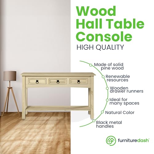 Furniture Dash Solid Wood Hall Table Console 47.9" W, 12.6" D, 28.8" H - Farmhouse Entryway Table with 3 Drawers, Office Hallway Foyer, Wooden Furniture Dash