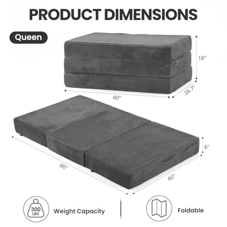 Erament Folding Mattress Queen Size, Trifold Mattress 6 inch Foldable Futon Sofa Bed with Corduroy Cover, Memory Foam Mattress Topper with Carry Handle Erament