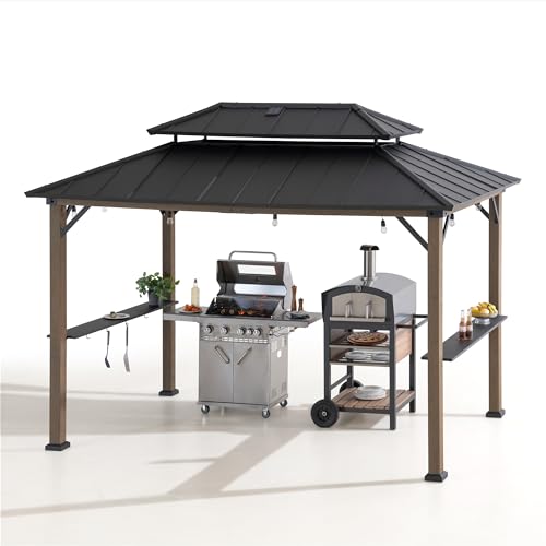 Sunjoy Wooden Grill Gazebo, 8 x 12 ft. Steel Hardtop Gazebo with Solar Power for Year-Round Grilling - 2 Full Size Grills, Griddles or Smokers - Sunjoy