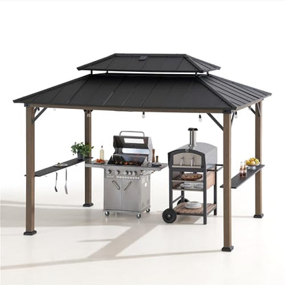 Sunjoy Wooden Grill Gazebo, 8 x 12 ft. Steel Hardtop Gazebo with Solar Power for Year-Round Grilling - 2 Full Size Grills, Griddles or Smokers - - WoodArtSupply