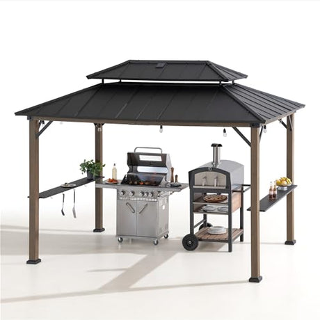 Sunjoy Wooden Grill Gazebo, 8 x 12 ft. Steel Hardtop Gazebo with Solar Power for Year-Round Grilling - 2 Full Size Grills, Griddles or Smokers - Sunjoy